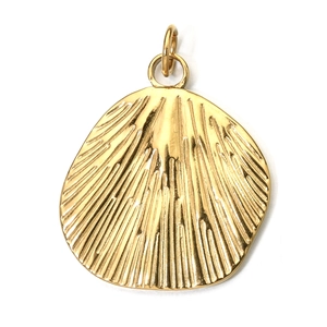 Detailed view of a gold shell-shaped stainless steel pendant with radial texture