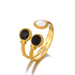 French vintage adjustable gold-plated ring with black and white enamel flower buds