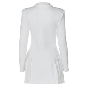 Rear view of white V-neck blazer dress featuring long sleeves and pleated hem detail