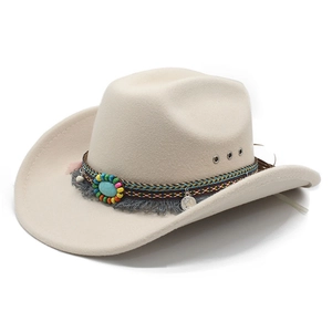 Detail of beige felt cowboy hat with ethnic beaded band, turquoise, and grey tassels