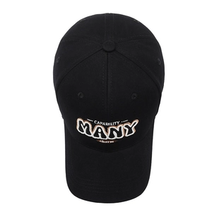 Classic black cotton baseball cap with embroidered letters MANY on pure white background