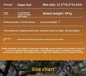 Detailed specs of Halloween hanging ghost with dimensions and AAA battery power info