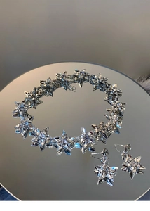 Détail du collier et des boucles d'oreilles étoile en argent avec cristaux sur miroir
