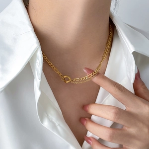 Double-layered gold chain necklace with water drop zircon and round buckle for women