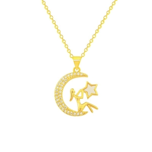 18K gold-plated titanium necklace with crescent moon and star pendant featuring white pearl