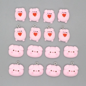 Pink resin cartoon pig charms with hearts for DIY necklaces and keychains, set of 16 pieces