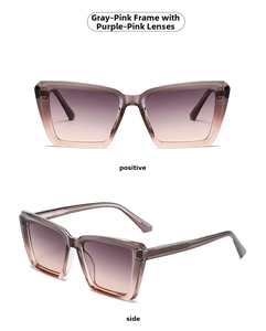 Detail of gray-pink square sunglasses with gradient purple lenses in positive and side views