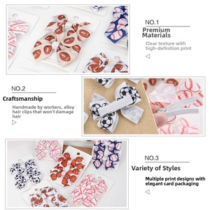 Detail showing sports pattern hair bows with premium ribbon texture and metal clip backs