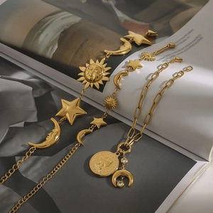 18k gold plated stainless steel star and moon jewelry set with coin pendants and crystals