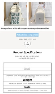 Size chart showing PU backpack dimensions for large and small models with iPad comparison