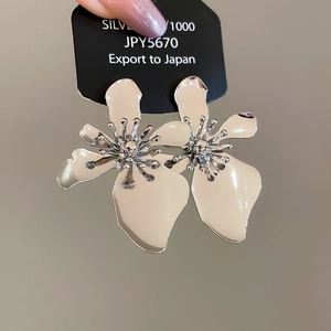 Macro shot of silver flower earrings with high-gloss finish and price tag detail