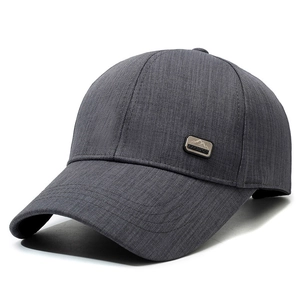 Men's dark grey baseball cap with twill fabric texture and fashion metal emblem