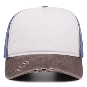 Vintage distressed washed denim baseball cap with white front panel and blue mesh sides