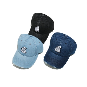 Summer denim baseball caps featuring Dalmatian embroidery and distressed brim details