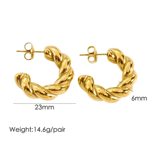 Detailed specs of 23mm twisted gold hoop earrings showing 6mm width and 14.6g weight