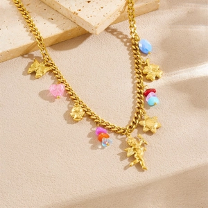 Parure bijoux en acier doré avec pendentifs anges papillons et perles multicolores