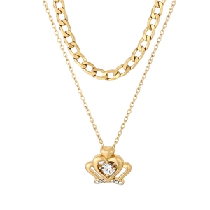 Elegant gold double-layered curb chain necklace with a sparkling crown heart pendant