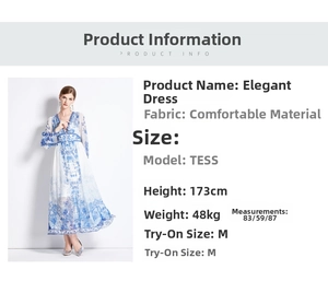 Détail de la robe maxi à col en V avec imprimé floral bleu et blanc et infos mannequin