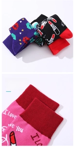Detail view of cotton crew socks showing the elastic cuff and vibrant red lip patterns