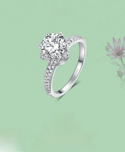 Macro shot of S925 sterling silver stamp on a six-prong luxury round diamond ring