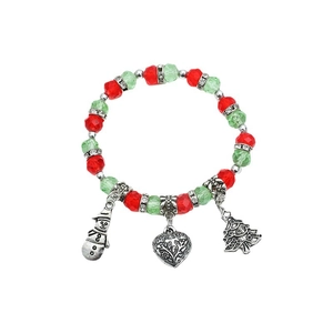 Bracelet de Noël avec perles de cristal rouge-vert et breloques argentées bonhomme de neige