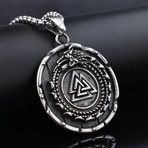 Vintage silver Viking Valknut pendant necklace in stainless steel with dragon relief