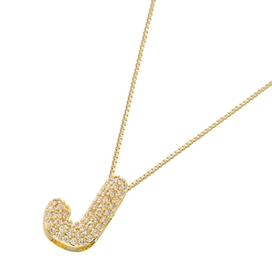 Detail of gold box chain and letter J pendant paved with sparkling white zircons