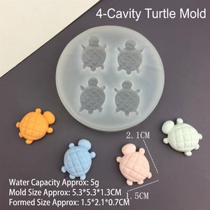 Detail showing a 4-cavity turtle silicone mold with colorful DIY resin tortoise samples