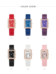 Collage of six rectangular diamond-set ladies watches in various strap colors for display