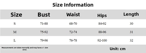 Detailed size chart for polka dot bandeau three-piece bikini set with measurements