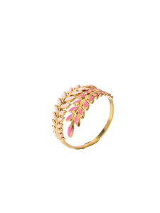 Detailed macro view of 18k gold plated leaf ring with pink enamel gradient finish