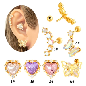 Titanium steel heart and butterfly stud earrings with colorful crystals and screw back