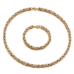 Hip-Hop-Set aus goldener Byzantiner-Halskette und Armband aus poliertem Edelstahl