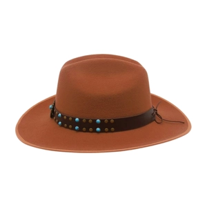 Macro shot of brown wool fedora hat with turquoise beads and leather decorative band