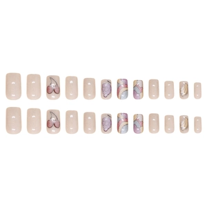 Rainbow cat-eye press-on nails with 3D fruit patterns and glitter on a white background