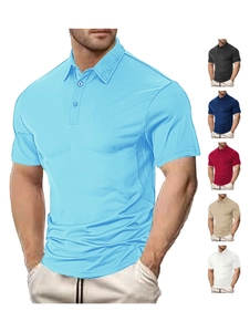 Detail showing various colors of men's polo shirts in breathable knitted fabric texture