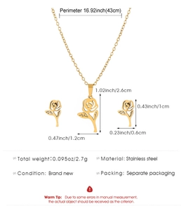 Detailed size specifications for gold stainless steel rose necklace and earrings set