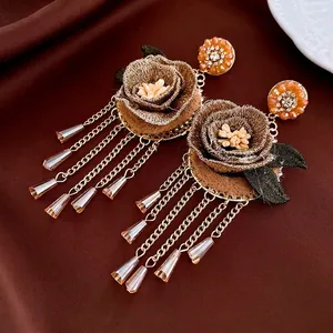 Boucles D'oreilles Pendantes Fleurs Vintage Avec Tige En Argent Sterling 925 Alliage Strass Cristal Broderie Femmes