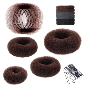 Brown hair bun maker set with mesh nets, elastic bands and black U-shaped pins