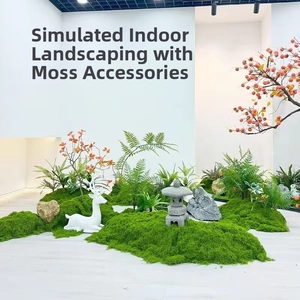 Detail of high-density flocked artificial moss with fern plants for indoor landscaping decoration