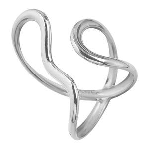 Detail of silver wavy open ring with fluid minimalist aesthetic on a white background