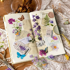 Vintage floral stickers and ephemera pack with purple flowers and botanical PET material