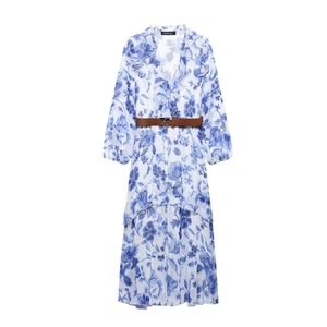 Robe Maxi Élégante À Imprimé Fleuri Col En V À Volants Manches Longues Aspect Mousseline Avec Ceinture Taille Haute