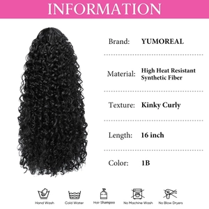 Detail view of 16-inch kinky curly synthetic ponytail specs and care instructions
