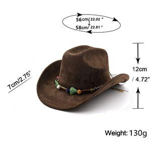 Brown suede jazz fedora with turquoise beads decoration and detailed size specifications
