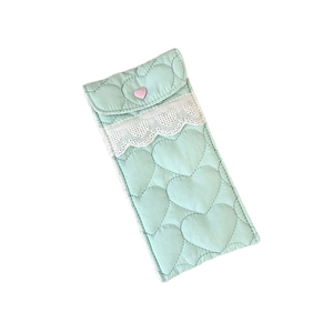 Quilted mint green heart pattern eyeglasses pouch with lace trim and pink button