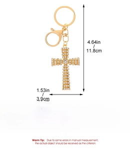 Detailed size specifications for the gold cross keychain with rhinestones and alloy material