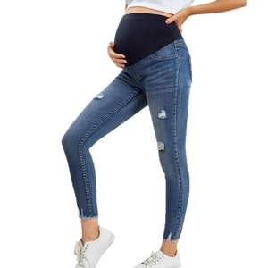 Slim fit maternity blue jeans with high waist belly support and distressed ripped details