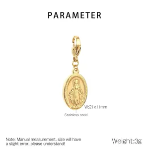 Macro detail of a 21x11mm gold stainless steel Virgin Mary pendant with dimensions