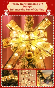 Detail of warm LED Christmas ribbon with gold star patterns for DIY holiday tree decor